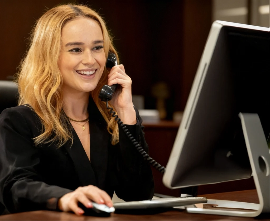 Smiling professional businesswoman in a black blazer talking on a landline phone while working on a desktop computer in an office.